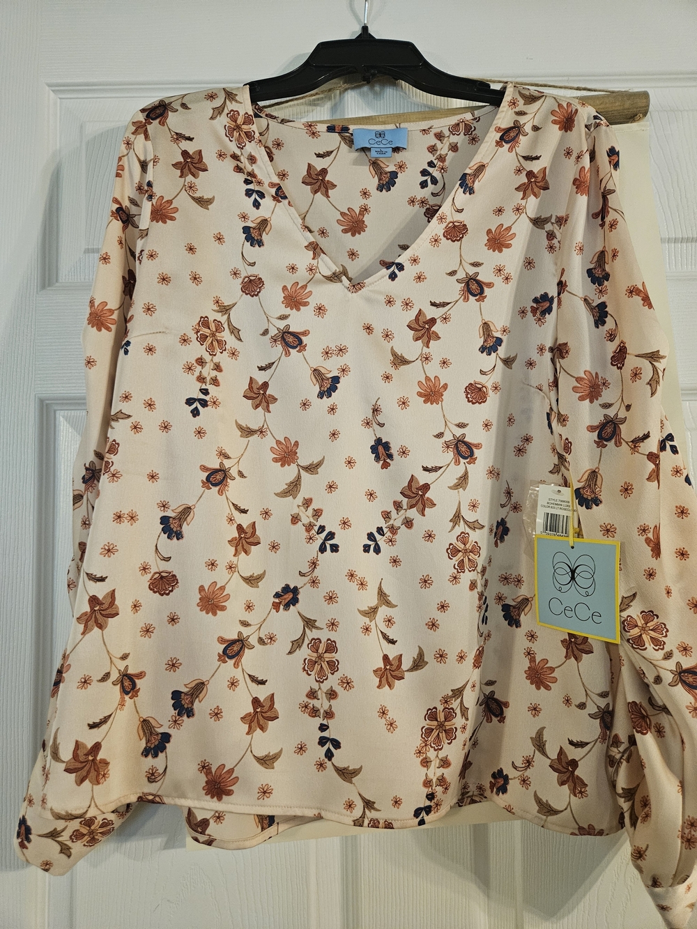 CeCe Cream Floral V-Neck Blouse with Rust and Navy Prints
